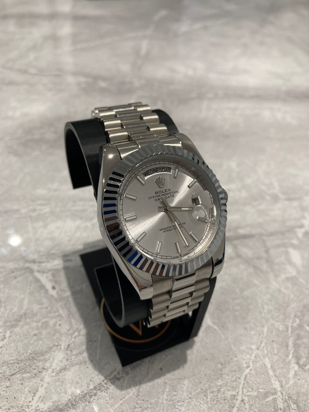 Rolex Day-Date, Automatic, Silver Dial, Fluted Bezel, Steel Case (40mm)