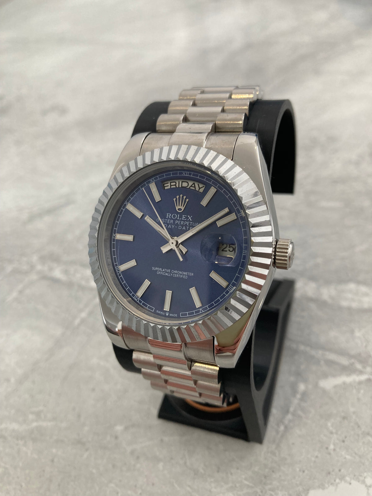 Rolex Day-Date, Automatic, Blue Dial, Fluted Bezel, Steel Case (40mm)