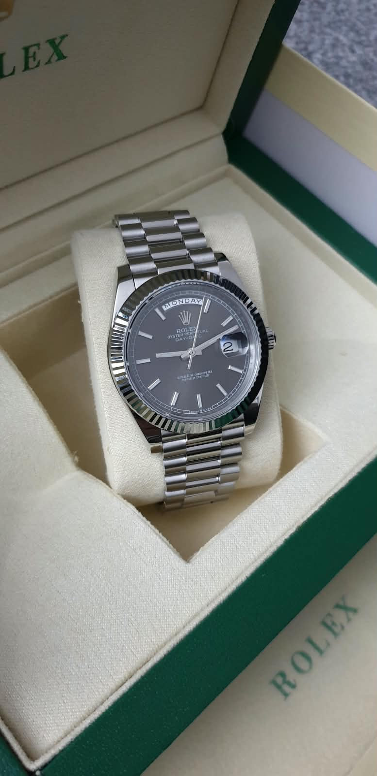 VSF Rolex Day-Date, Automatic, Grey Dial, Fluted Bezel, Steel Case (40mm)