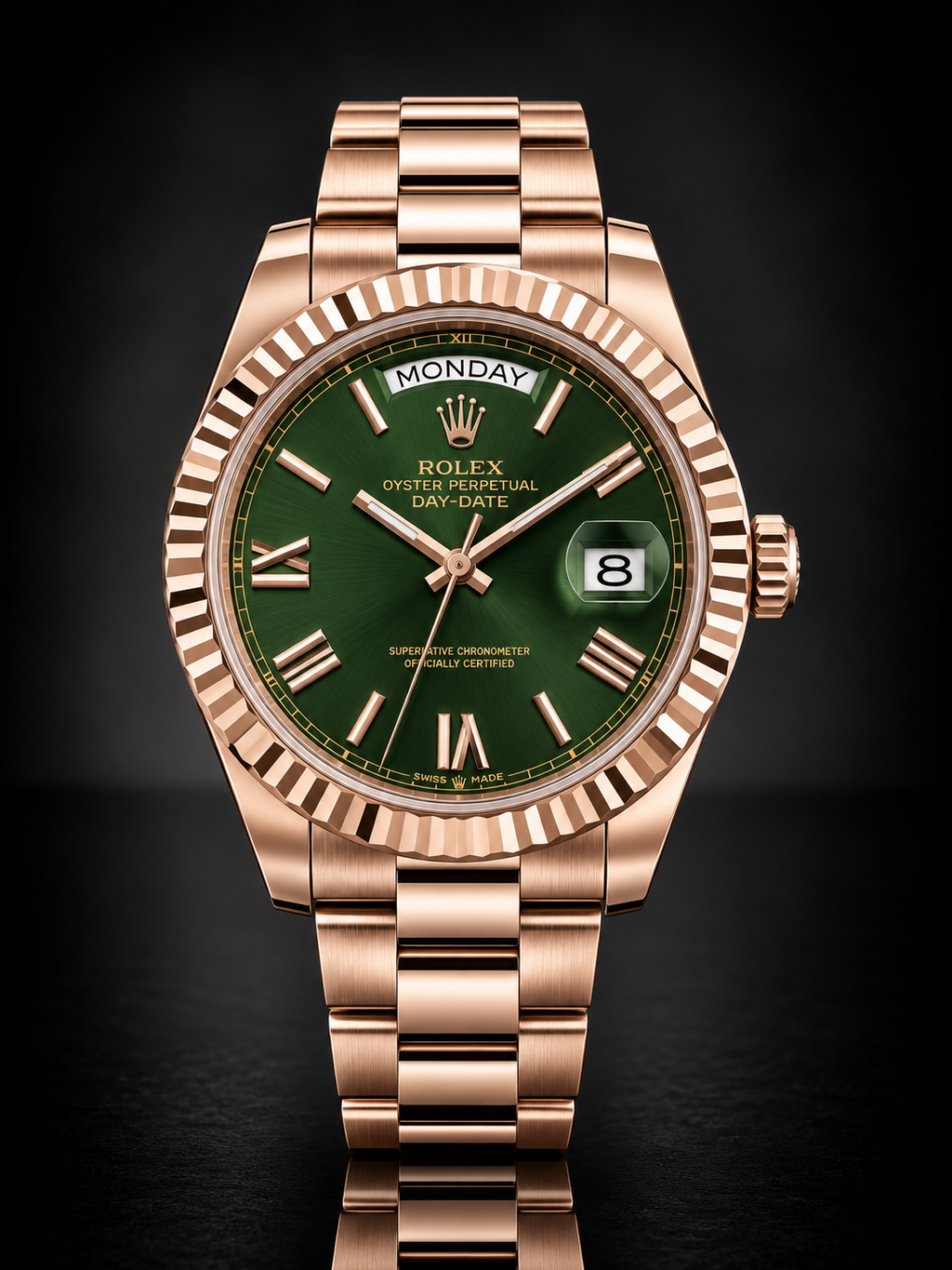 Rolex Day-Date, Automatic, Green Dial, Fluted Bezel, Steel Case (41mm)