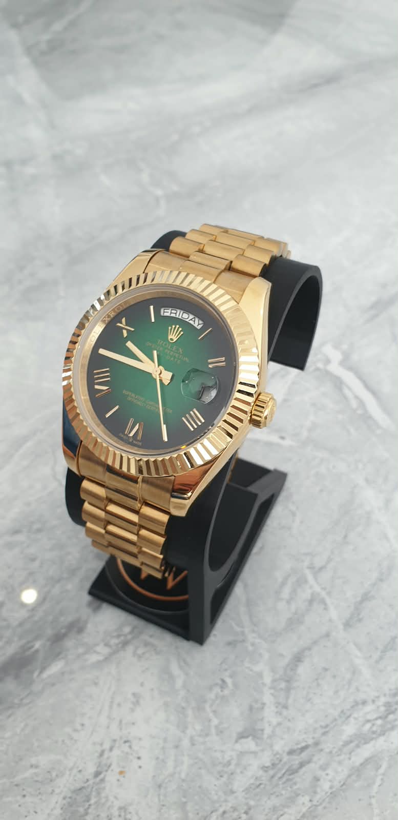 Rolex Day-Date, Automatic, Ombré Green Dial, Fluted Bezel, Steel Case (41mm)