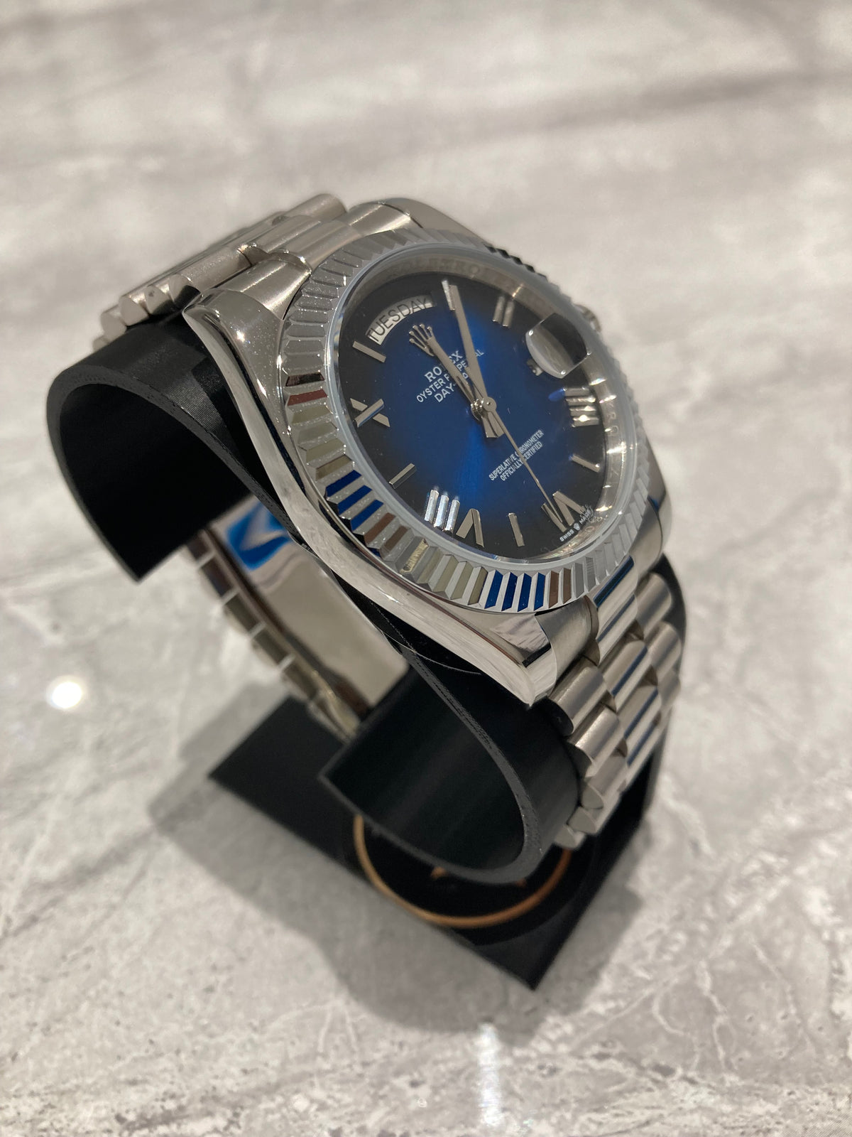 Rolex Day-Date, Automatic, Blue Ombré Dial, Fluted Bezel, Steel Case (40mm)