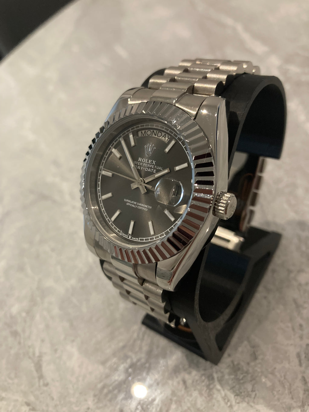Rolex Day-Date, Automatic, Grey Dial, Fluted Bezel, Steel Case (40mm)