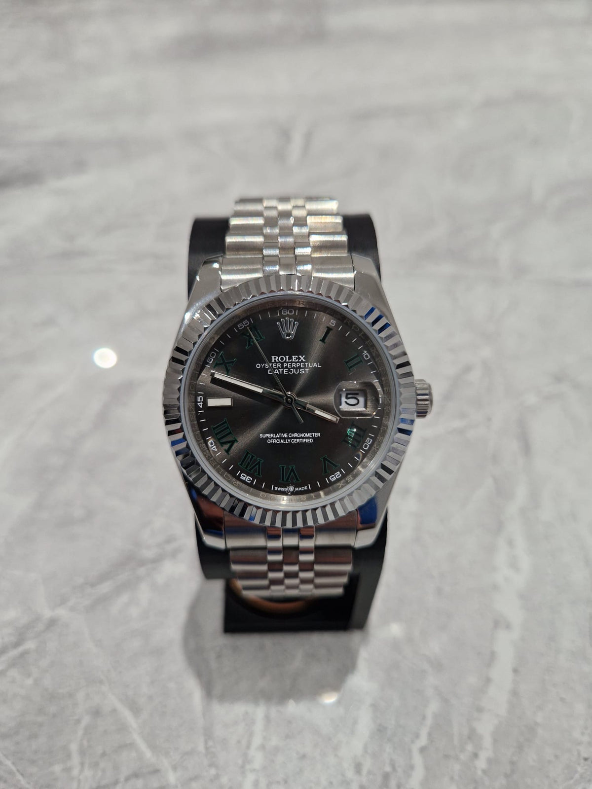 Rolex “Wimbledon” Datejust, Automatic, Grey Dial, Fluted Bezel, Steel Case (41mm)