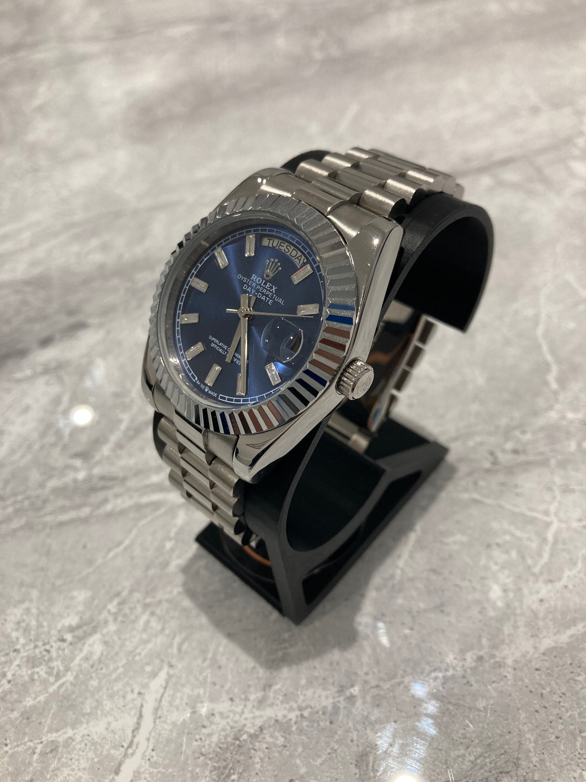 Rolex Day-Date, Automatic, Blue Dial, Fluted Bezel, Steel Case (40mm)