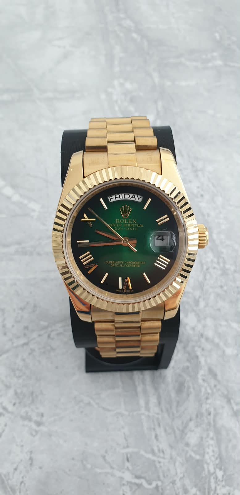 Rolex Day-Date, Automatic, Ombré Green Dial, Fluted Bezel, Steel Case (41mm)