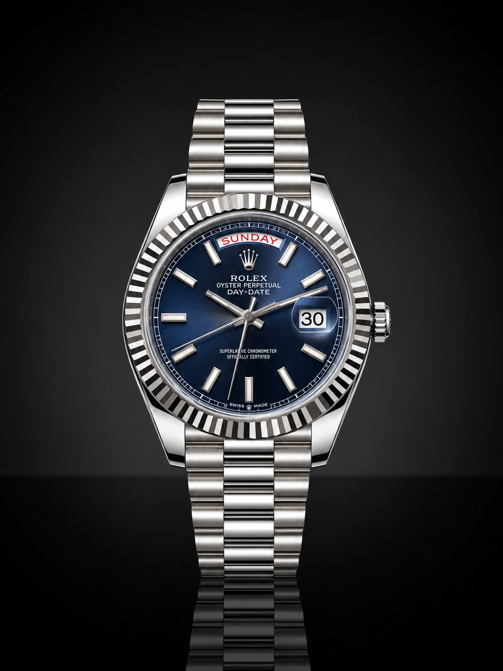 Rolex Day-Date, Automatic, Blue Dial, Fluted Bezel, Steel Case (40mm)