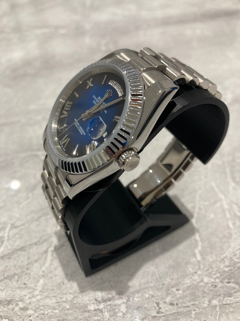 Rolex Day-Date, Automatic, Blue Ombré Dial, Fluted Bezel, Steel Case (40mm)