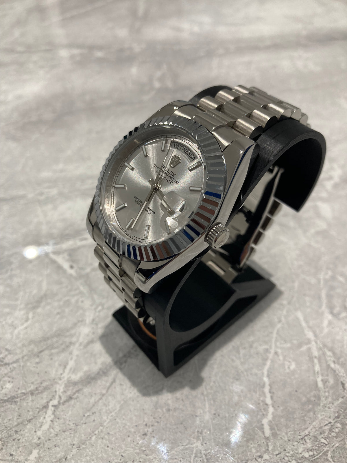Rolex Day-Date, Automatic, Silver Dial, Fluted Bezel, Steel Case (40mm)