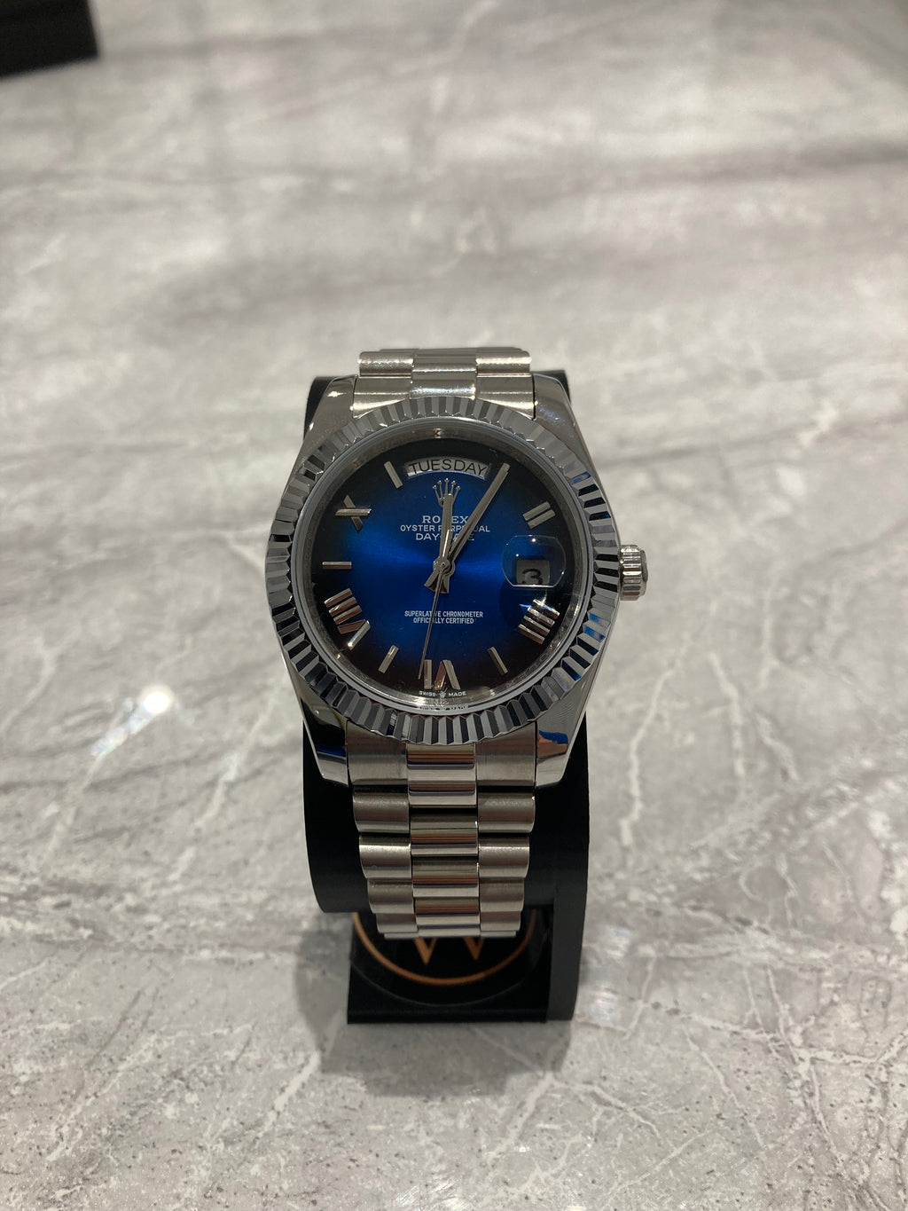 Rolex Day-Date, Automatic, Blue Ombré Dial, Fluted Bezel, Steel Case (40mm)
