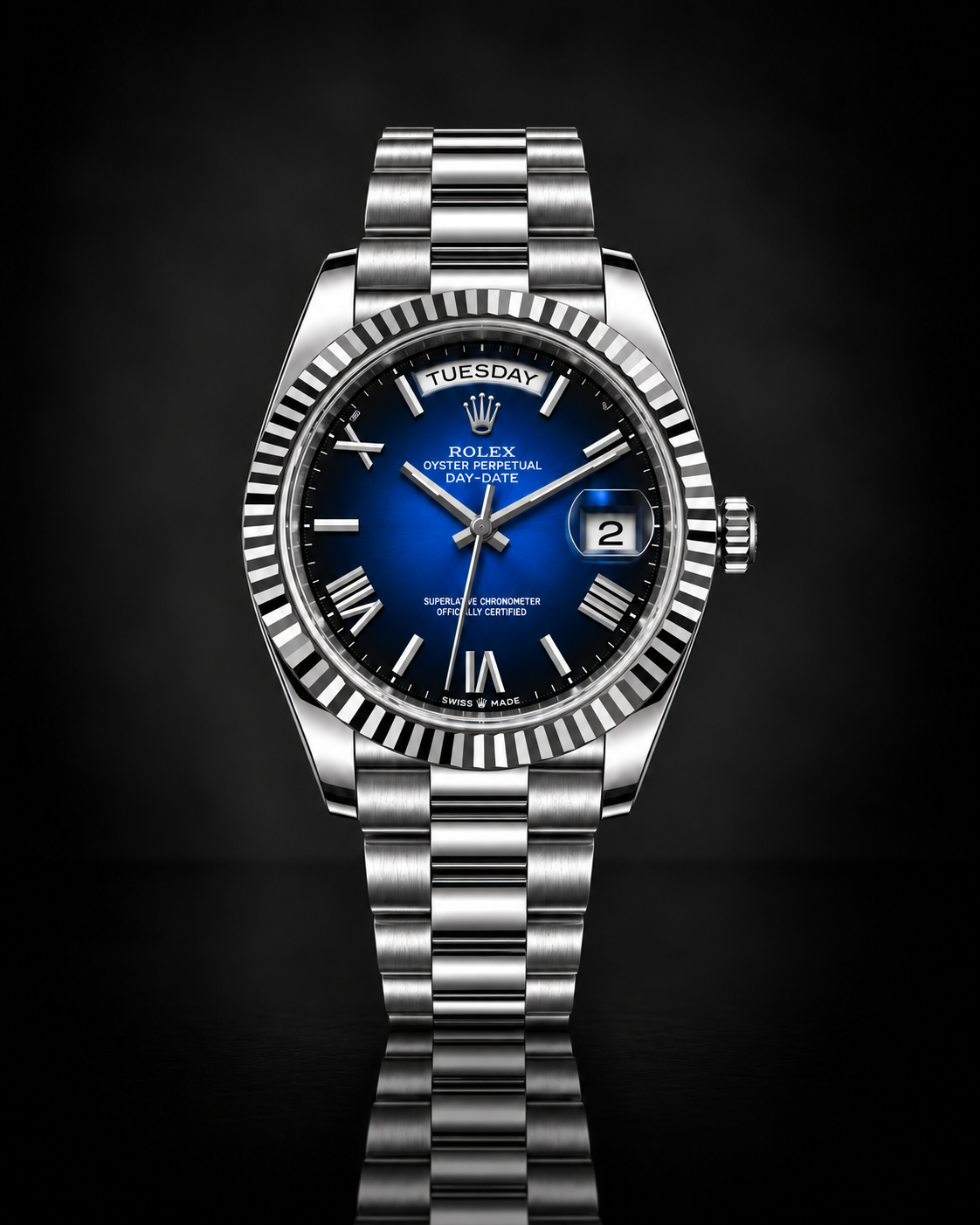 Rolex Day-Date, Automatic, Blue Ombré Dial, Fluted Bezel, Steel Case (40mm)