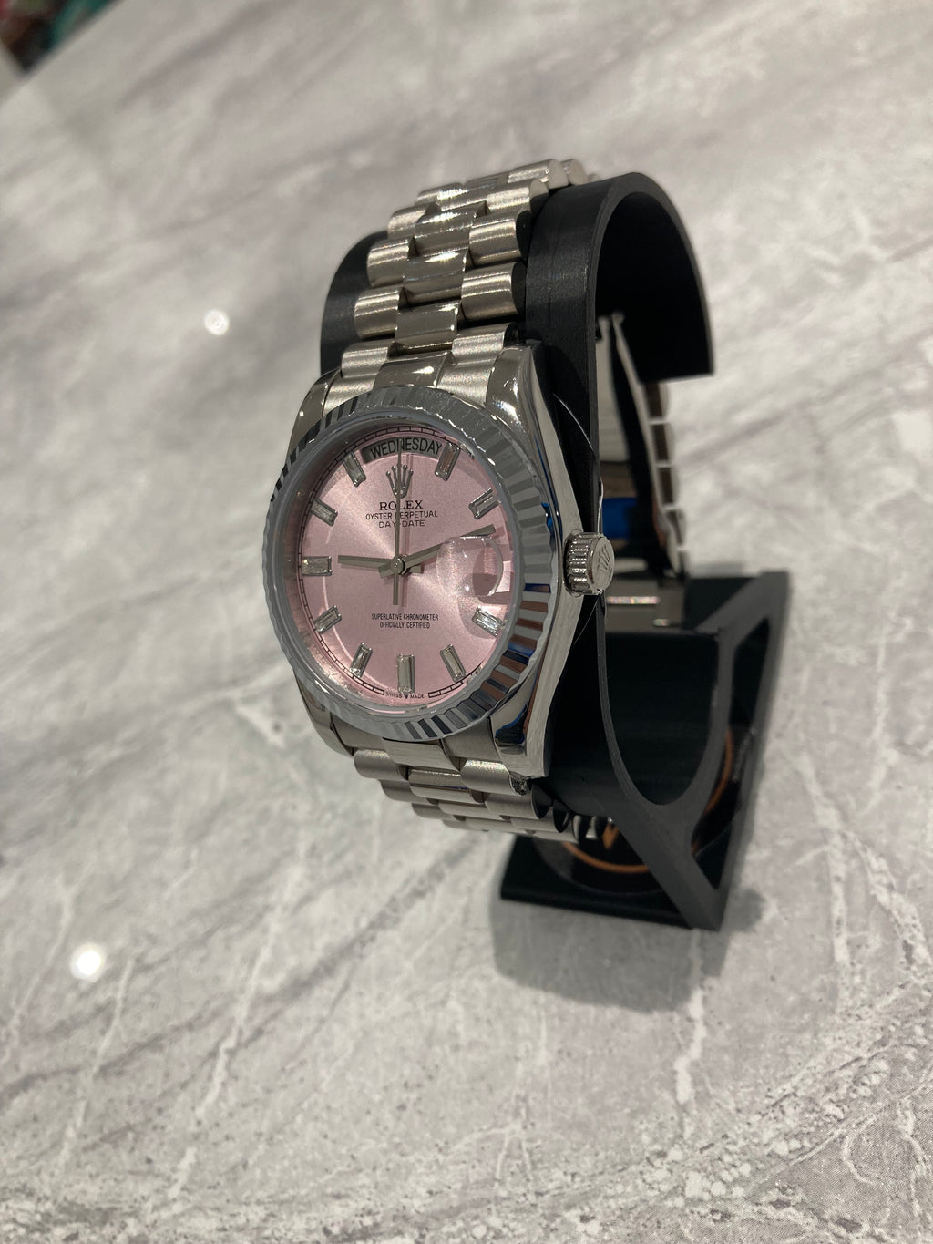 Rolex Day-Date, Automatic, Pink Dial, Fluted Bezel, Steel Case (36mm)