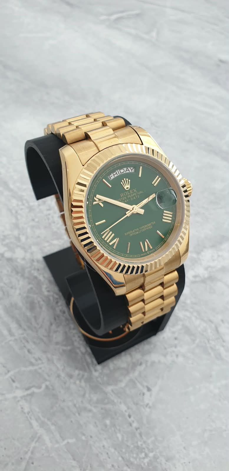 Rolex Day-Date, Automatic, Green Dial, Fluted Bezel, Steel Case (41mm)
