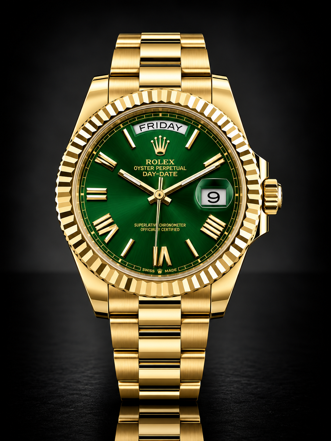 Rolex Day-Date, Automatic, Green Dial, Fluted Bezel, Steel Case (41mm)