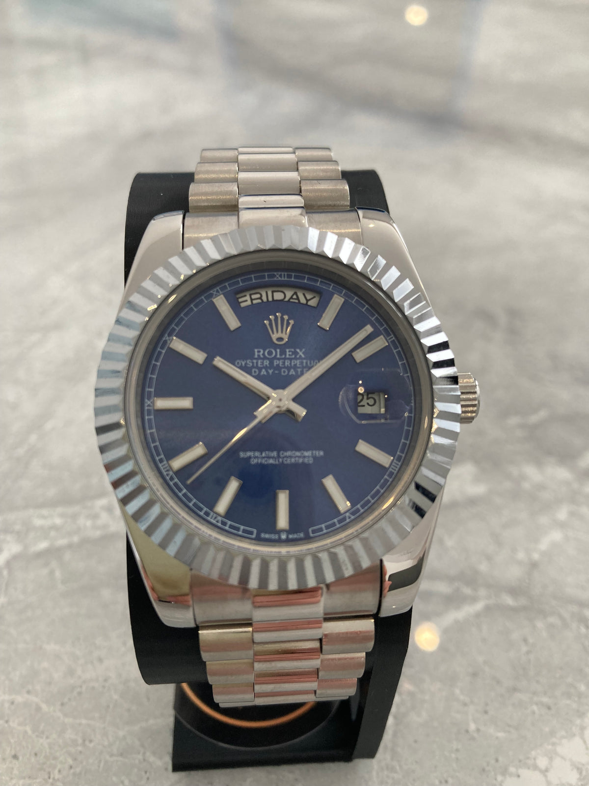 Rolex Day-Date, Automatic, Blue Dial, Fluted Bezel, Steel Case (40mm)