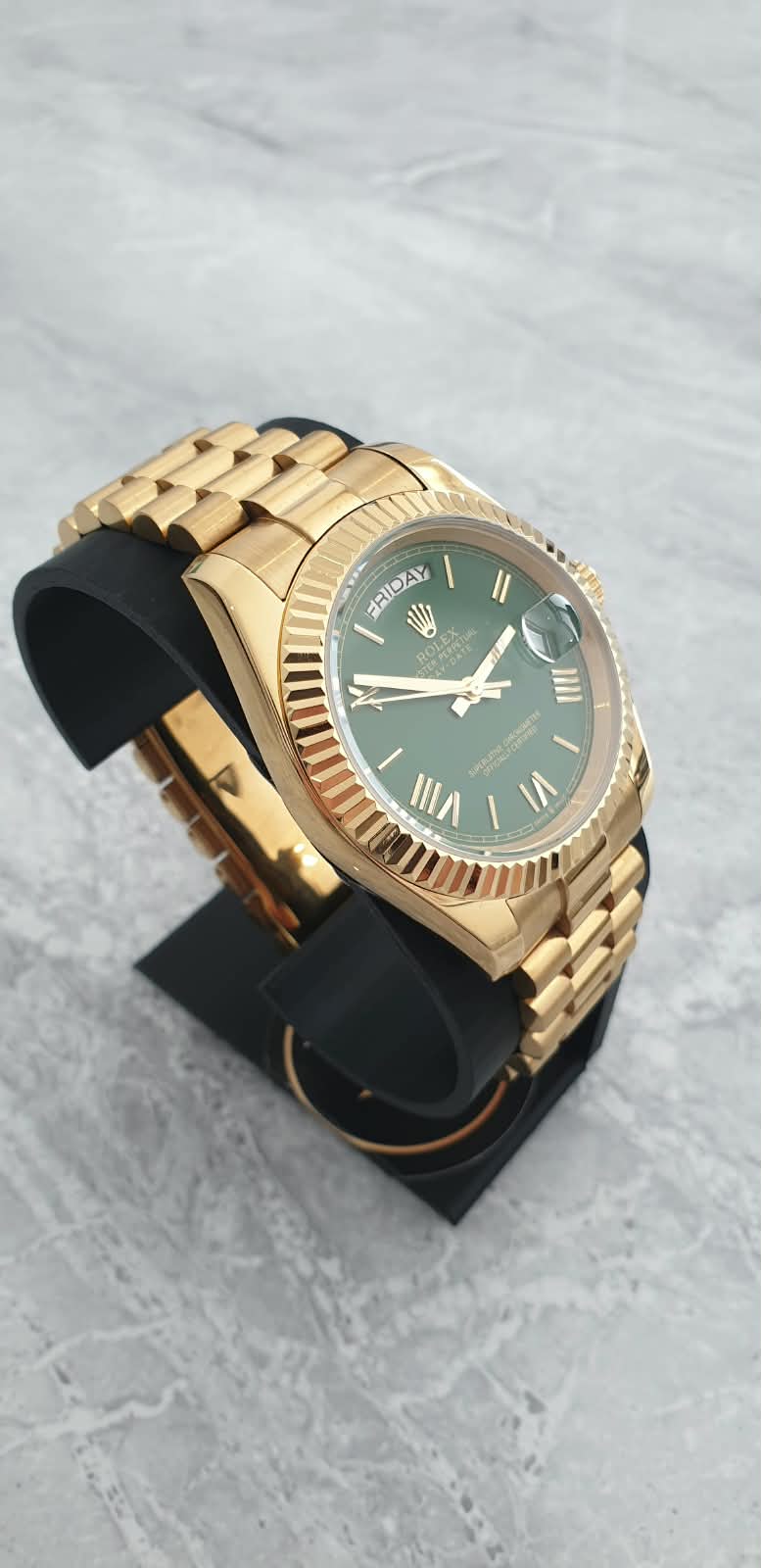 Rolex Day-Date, Automatic, Green Dial, Fluted Bezel, Steel Case (41mm)