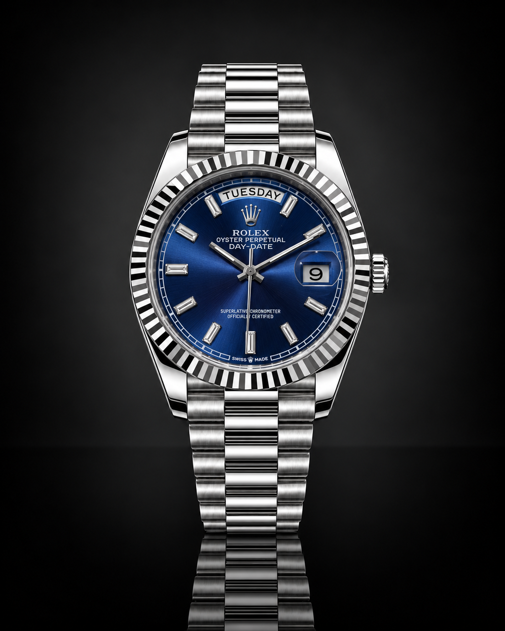 Rolex Day-Date, Automatic, Blue Dial, Fluted Bezel, Steel Case (40mm)