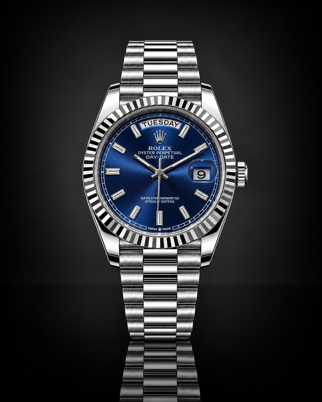 Rolex Day-Date, Automatic, Blue Dial, Fluted Bezel, Steel Case (40mm)