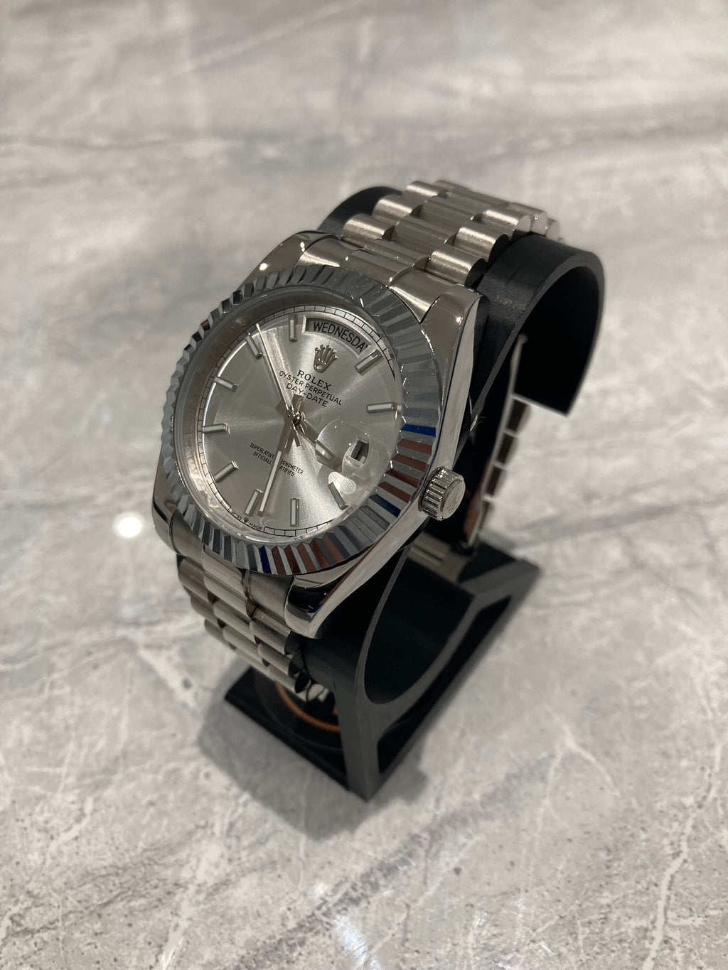 Rolex Day-Date, Automatic, Silver Dial, Fluted Bezel, Steel Case (40mm)