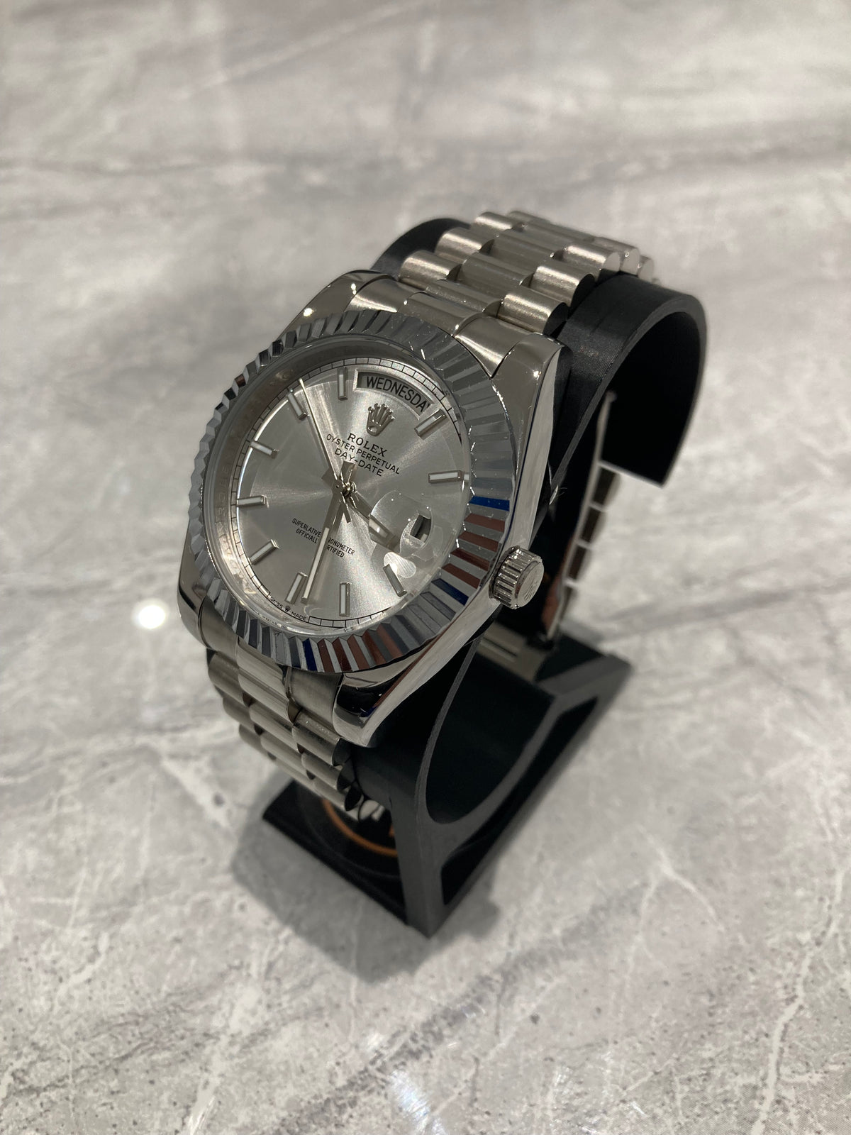 Rolex Day-Date, Automatic, Silver Dial, Fluted Bezel, Steel Case (40mm)
