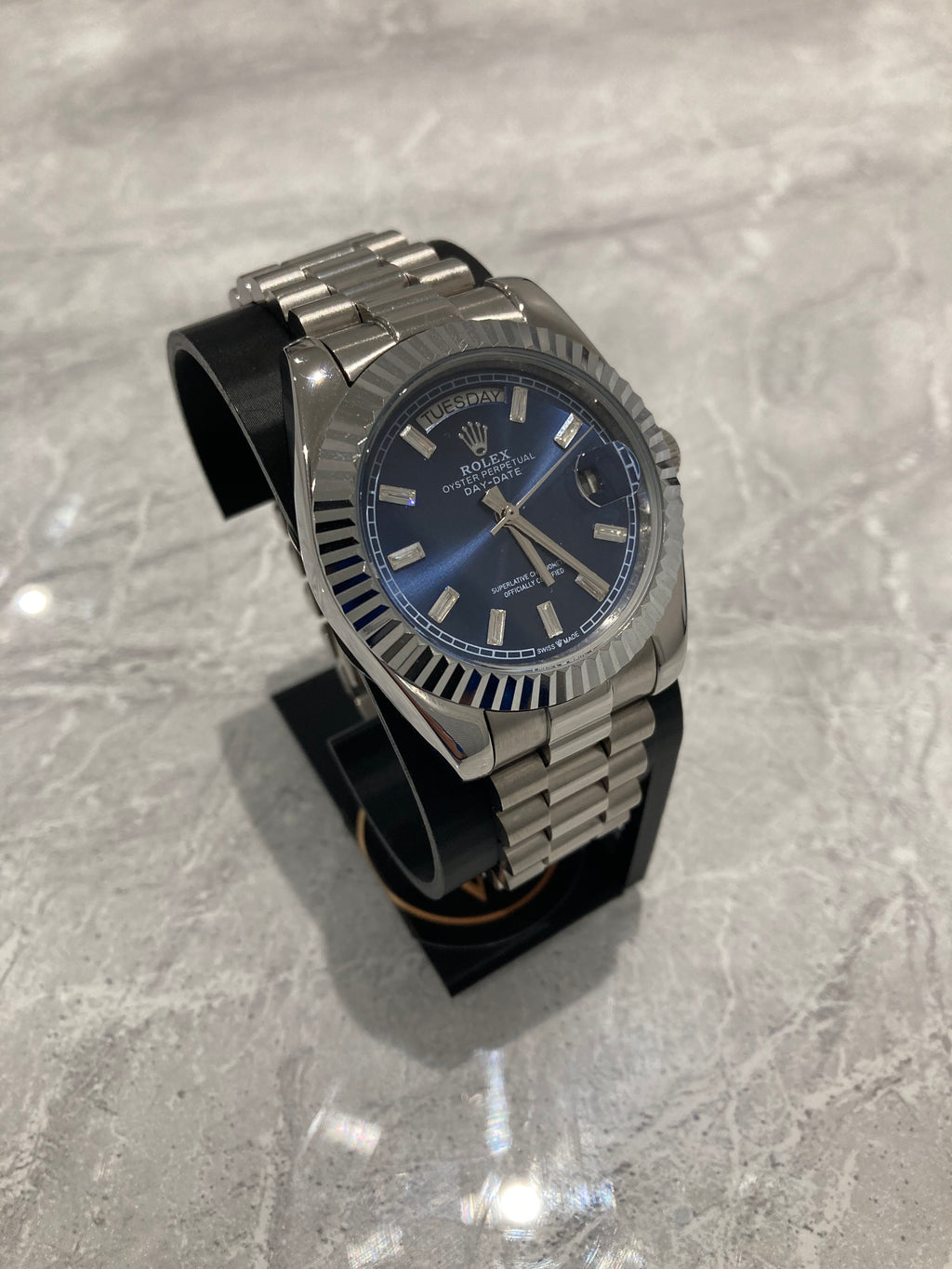 Rolex Day-Date, Automatic, Blue Dial, Fluted Bezel, Steel Case (40mm)