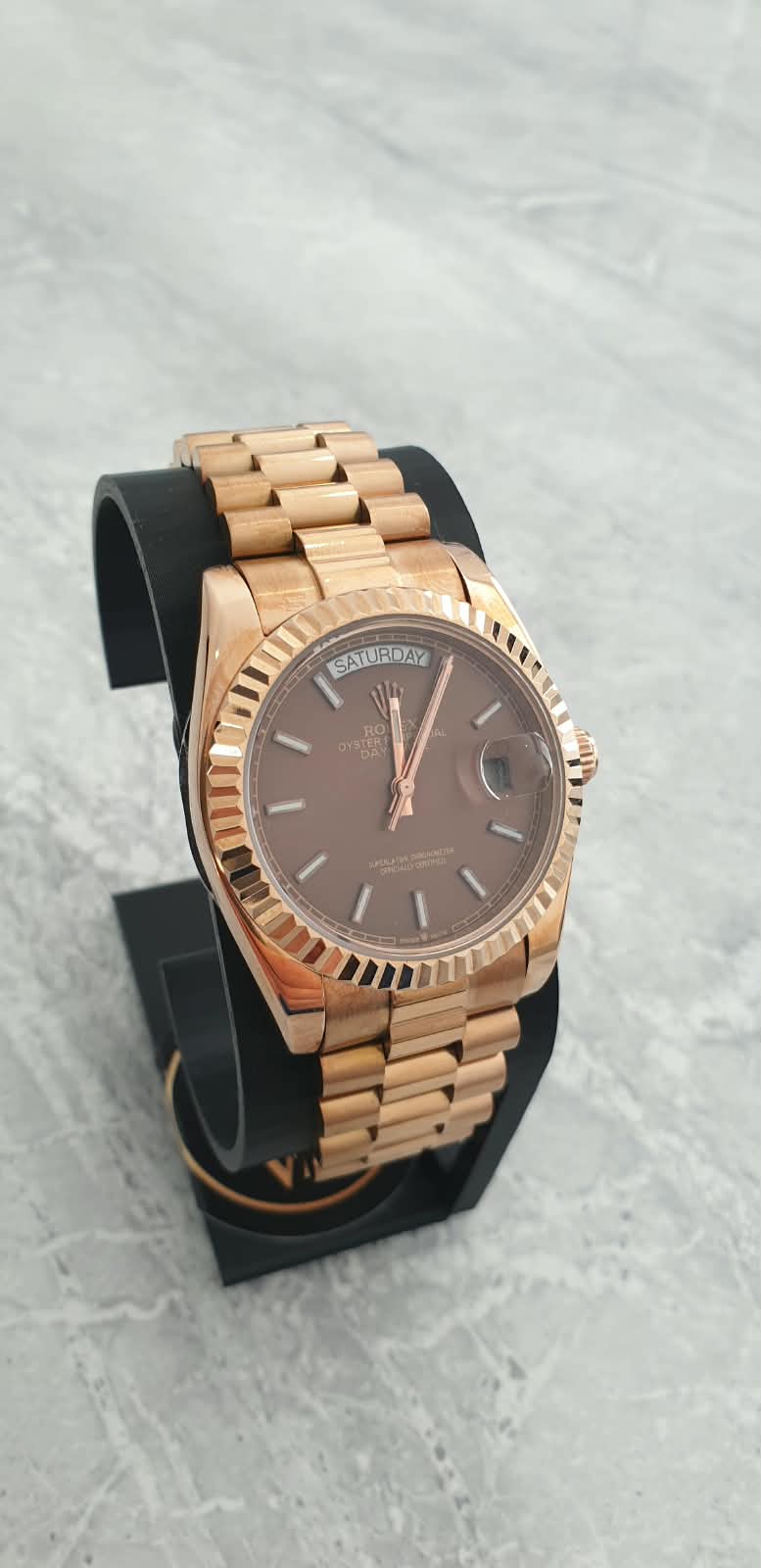 Rolex Day-Date, Automatic, Brown Dial, Fluted Bezel, Steel Case (36mm)