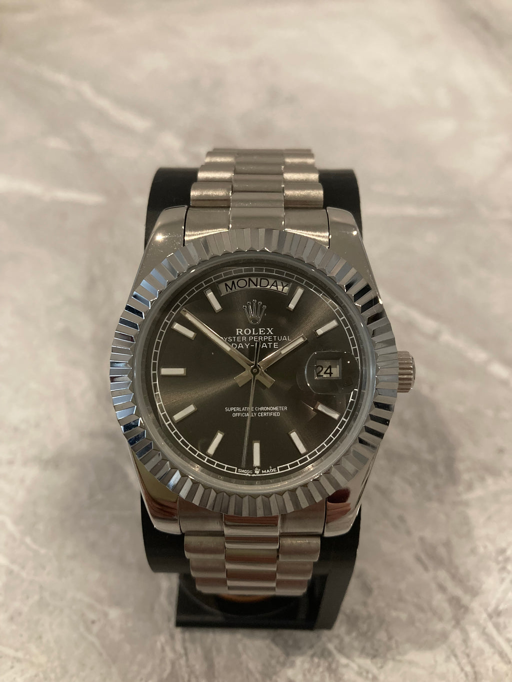 Rolex Day-Date, Automatic, Grey Dial, Fluted Bezel, Steel Case (40mm)