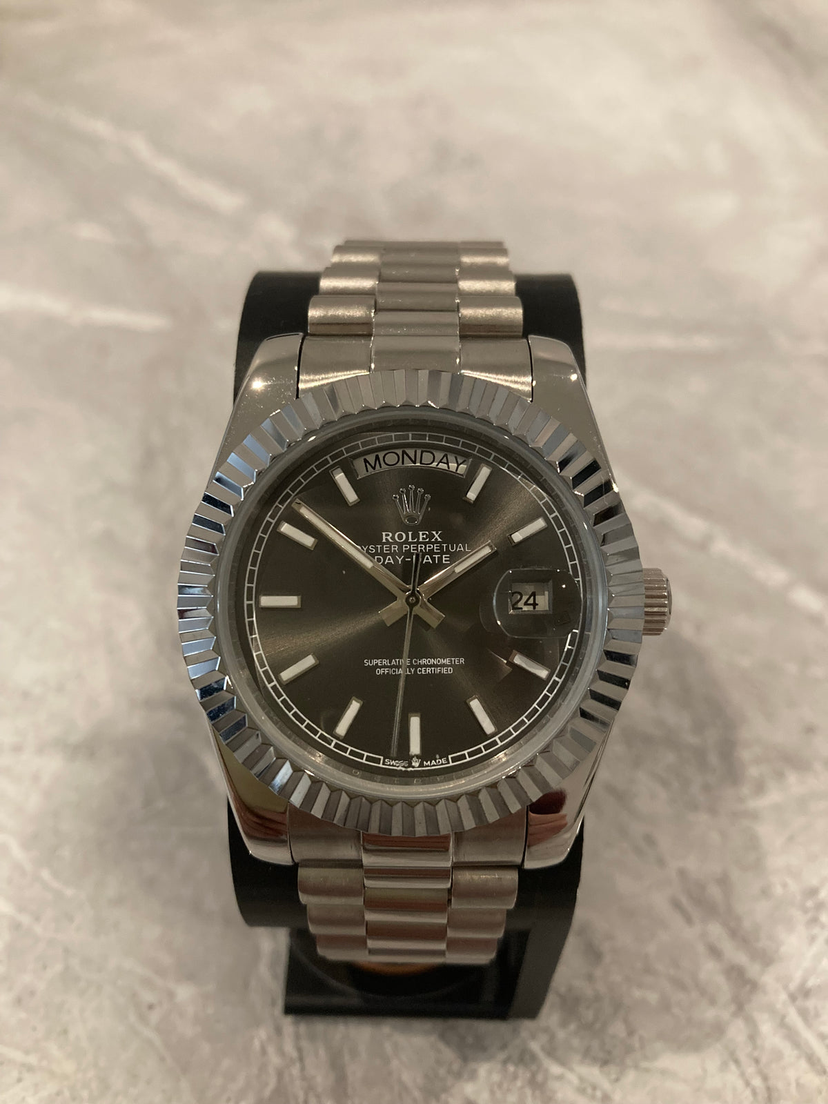 Rolex Day-Date, Automatic, Grey Dial, Fluted Bezel, Steel Case (40mm)