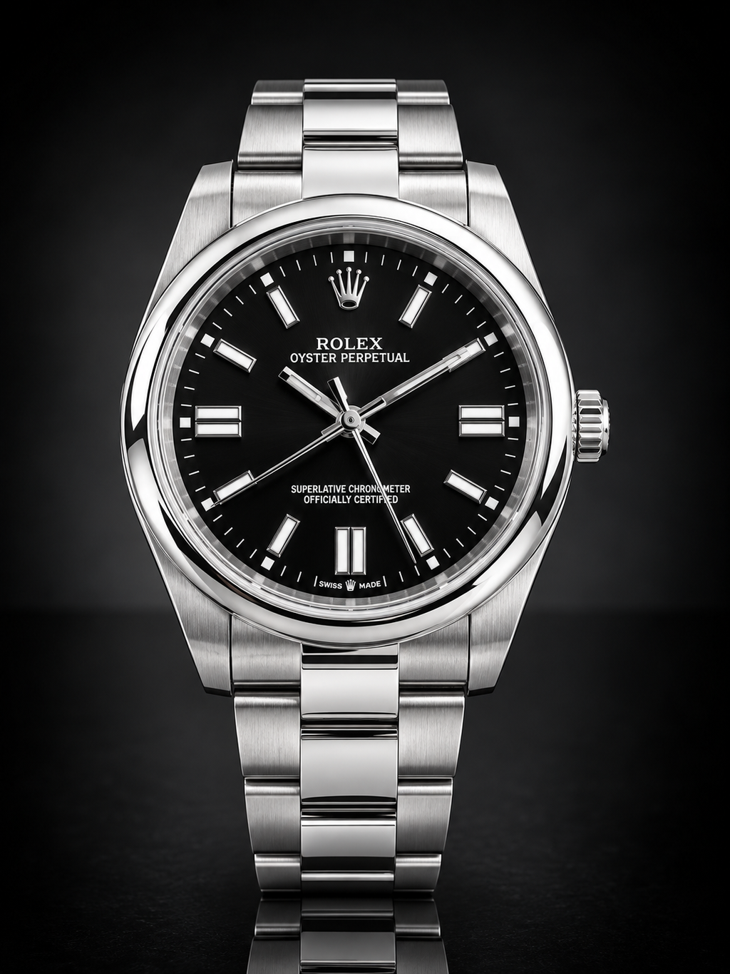 Rolex Oyster Perpetual, Automatic, Black Dial, Smooth Bezel, Steel Case and Bracelet (41mm)