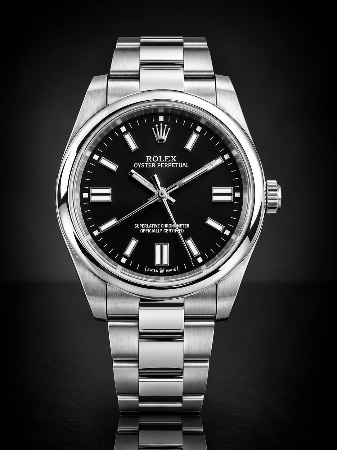 Rolex Oyster Perpetual, Automatic, Black Dial, Smooth Bezel, Steel Case and Bracelet (41mm)