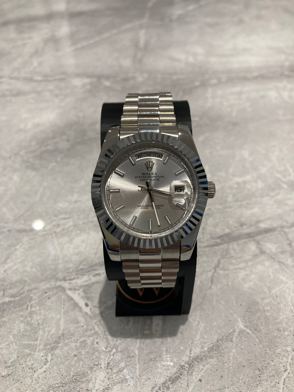 Rolex Day-Date, Automatic, Silver Dial, Fluted Bezel, Steel Case (40mm)