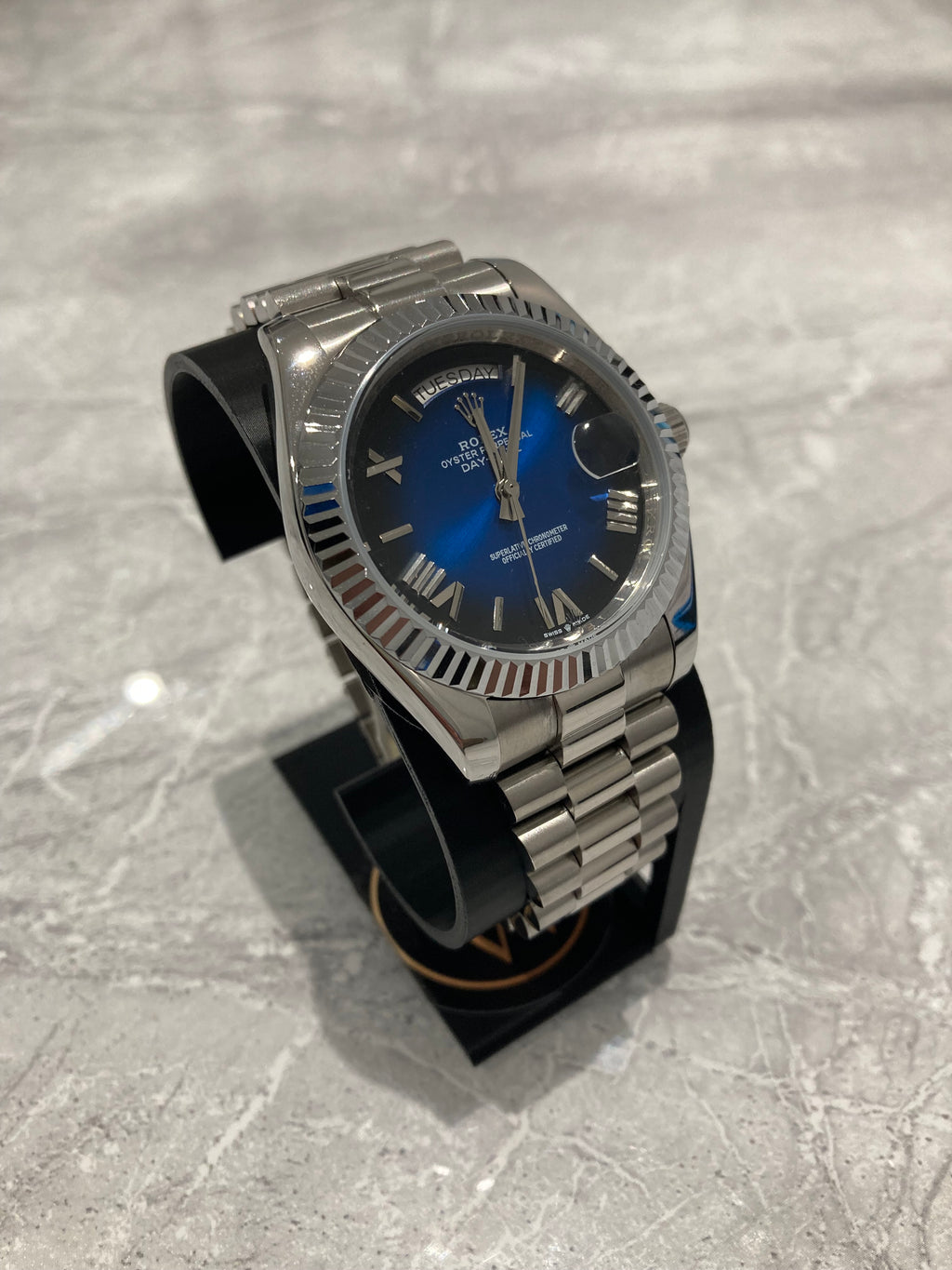 Rolex Day-Date, Automatic, Blue Ombré Dial, Fluted Bezel, Steel Case (40mm)