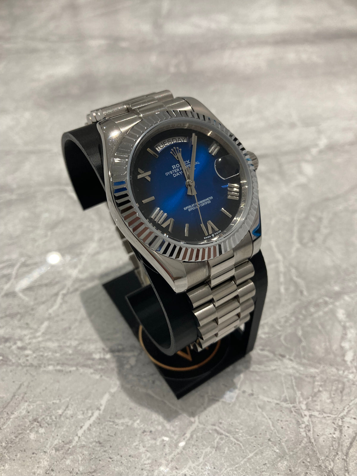 Rolex Day-Date, Automatic, Blue Ombré Dial, Fluted Bezel, Steel Case (40mm)