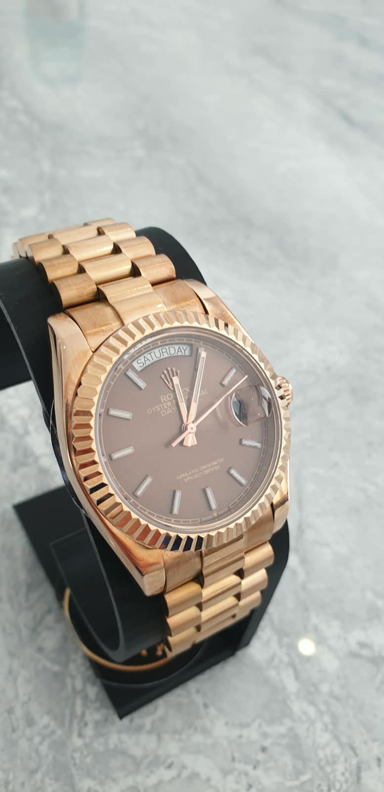 Rolex Day-Date, Automatic, Brown Dial, Fluted Bezel, Steel Case (36mm)