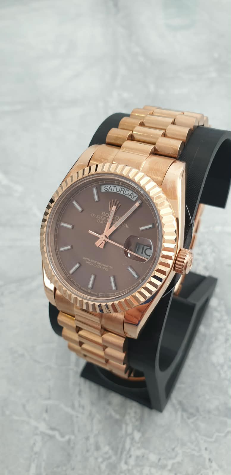 Rolex Day-Date, Automatic, Brown Dial, Fluted Bezel, Steel Case (36mm)