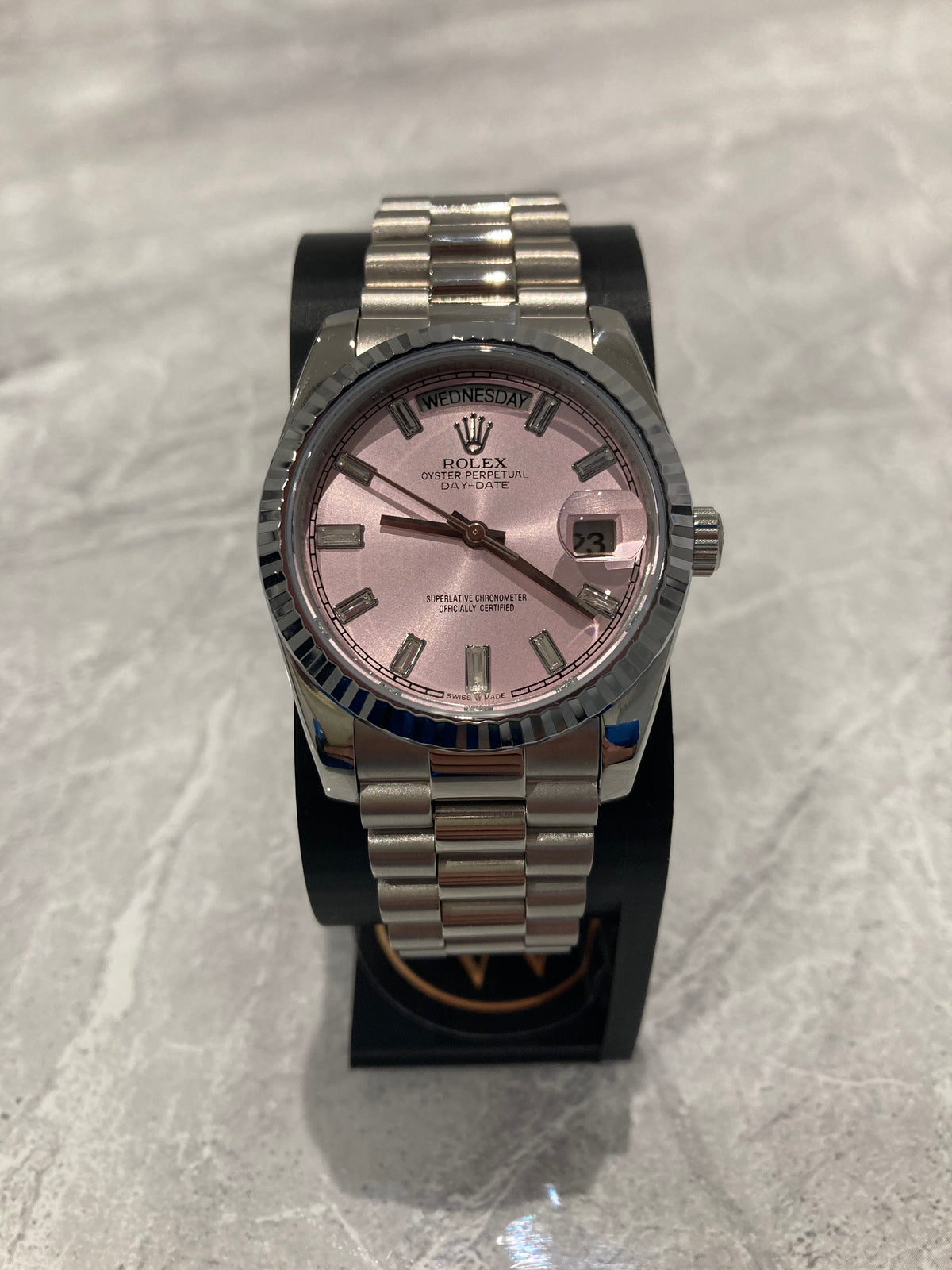 Rolex Day-Date, Automatic, Pink Dial, Fluted Bezel, Steel Case (36mm)