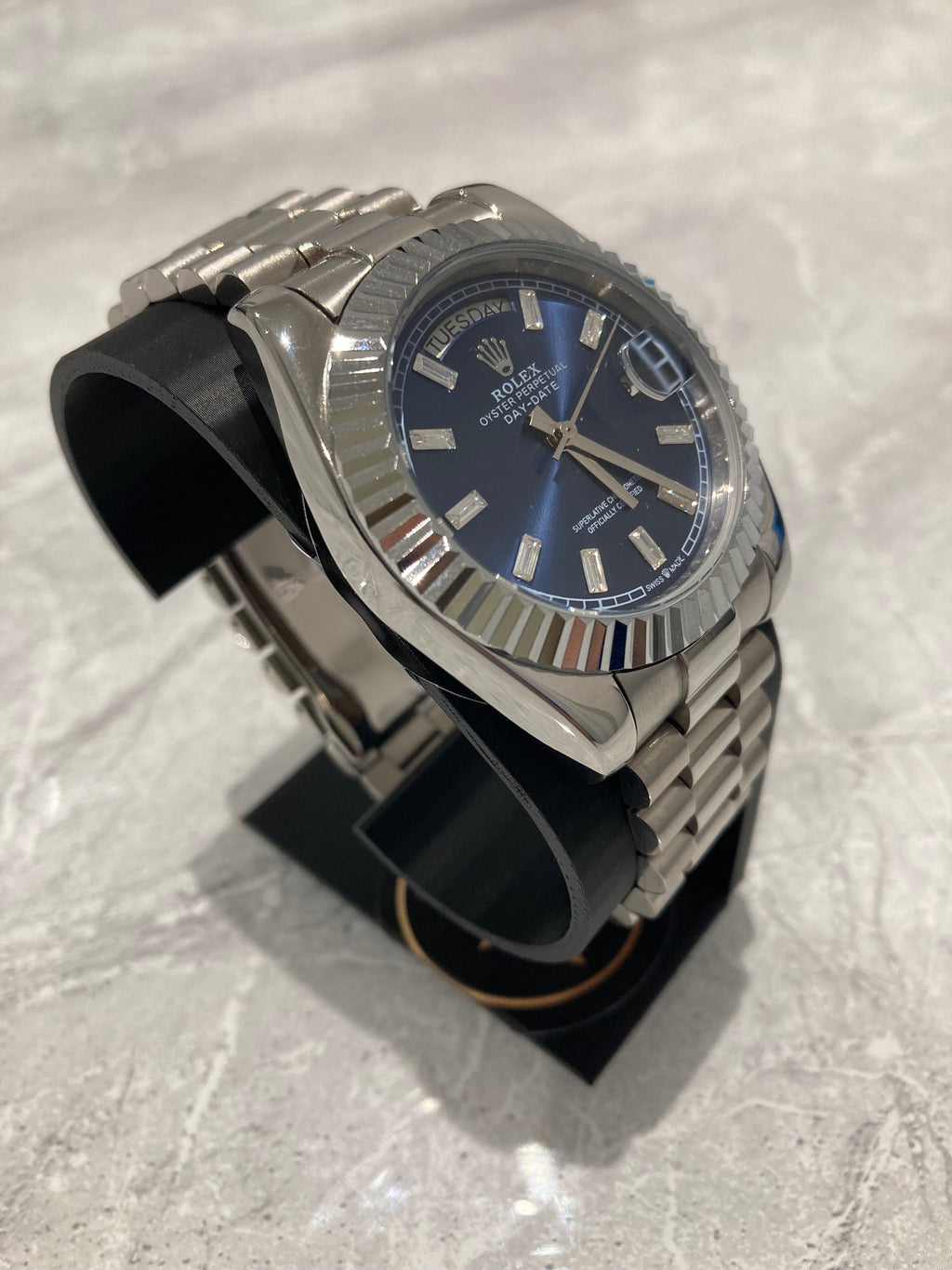 Rolex Day-Date, Automatic, Blue Dial, Fluted Bezel, Steel Case (40mm)