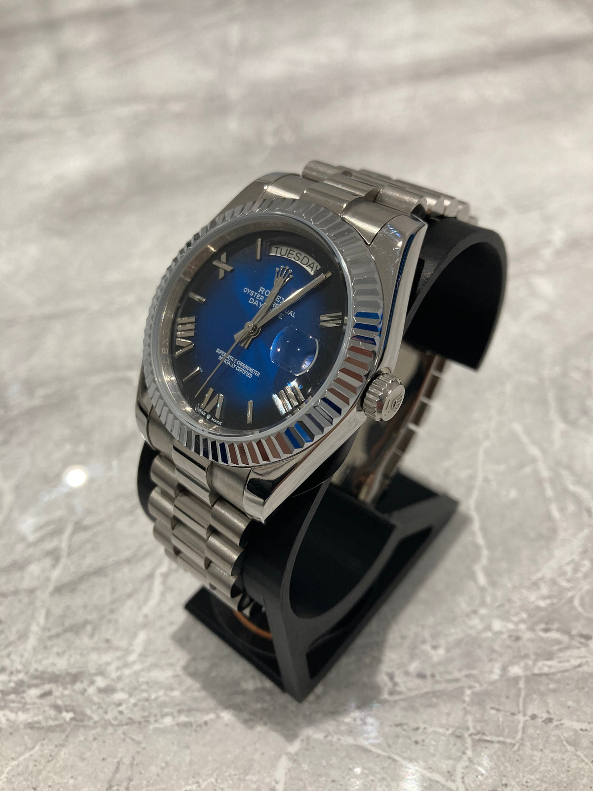 Rolex Day-Date, Automatic, Blue Ombré Dial, Fluted Bezel, Steel Case (40mm)