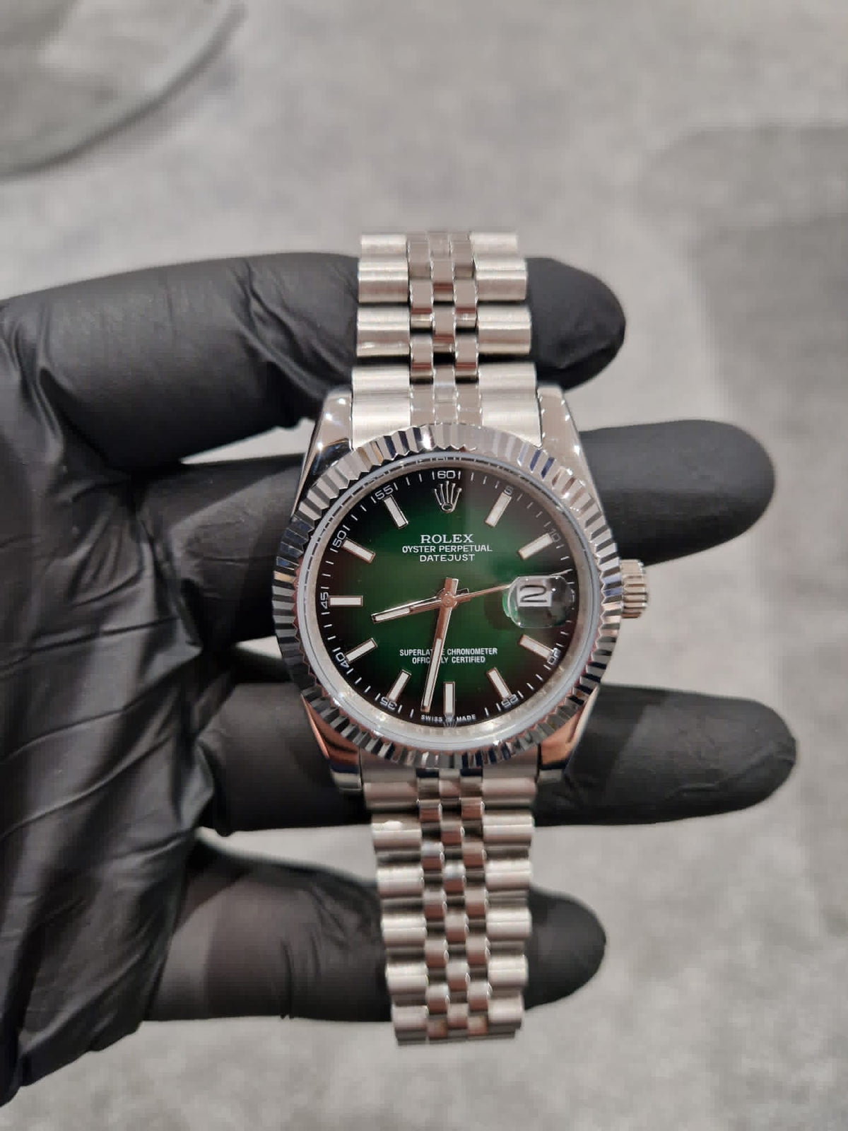 Rolex Datejust, Automatic, Ombré Green Dial, Fluted Bezel, Steel Case (41mm)