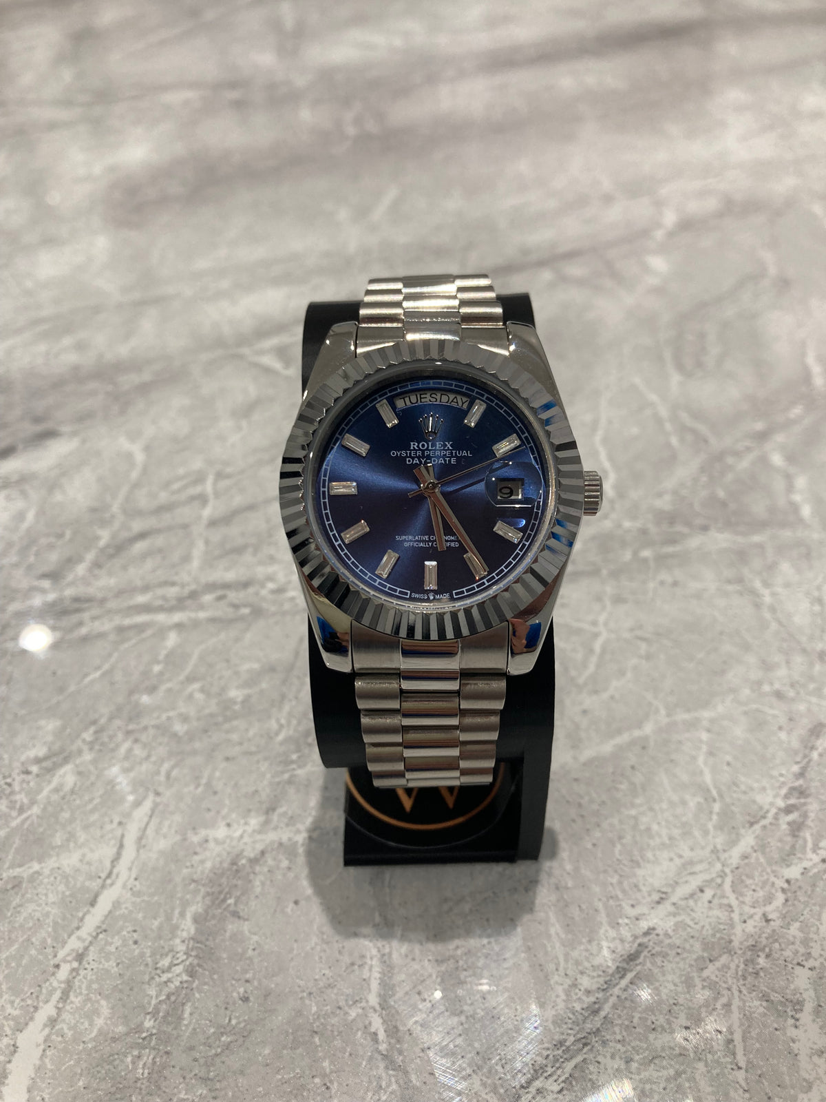 Rolex Day-Date, Automatic, Blue Dial, Fluted Bezel, Steel Case (40mm)