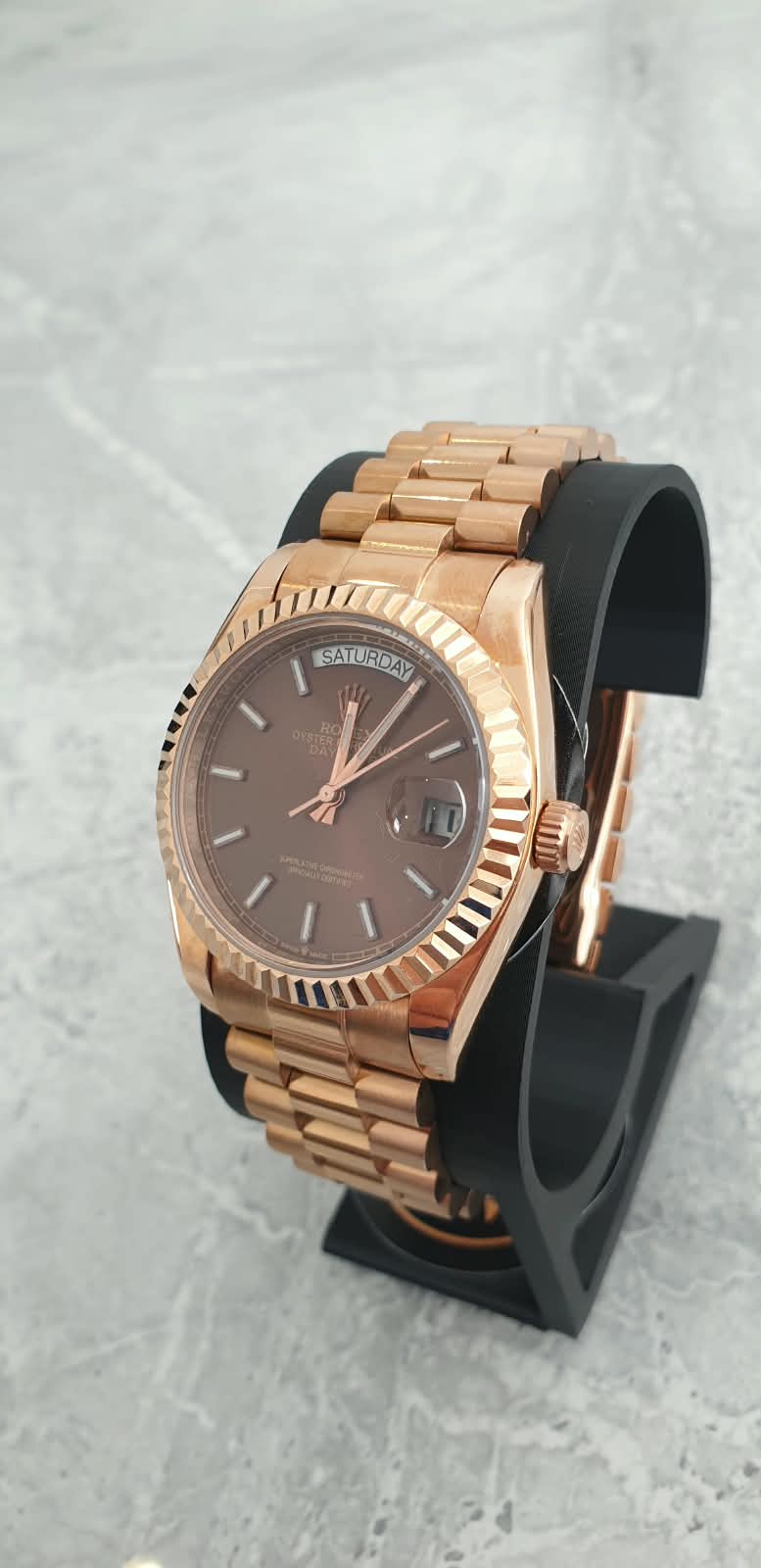 Rolex Day-Date, Automatic, Brown Dial, Fluted Bezel, Steel Case (36mm)
