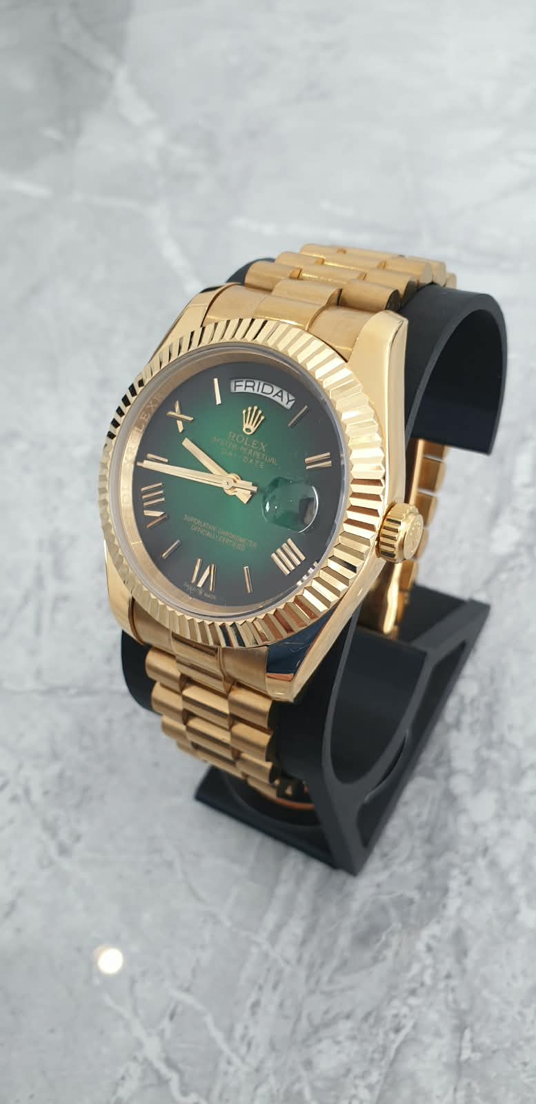 Rolex Day-Date, Automatic, Ombré Green Dial, Fluted Bezel, Steel Case (41mm)
