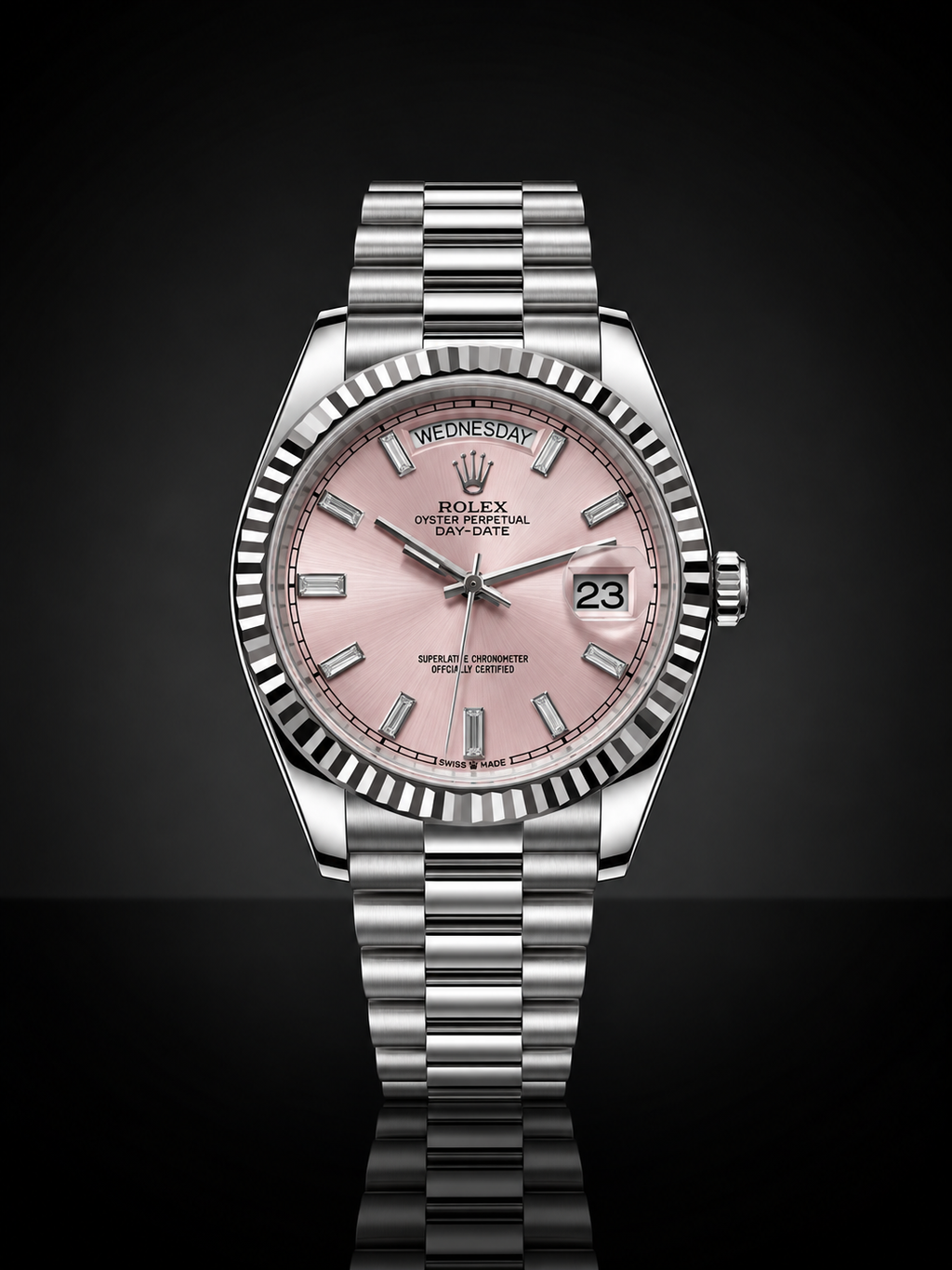 Rolex Day-Date, Automatic, Pink Dial, Fluted Bezel, Steel Case (36mm)