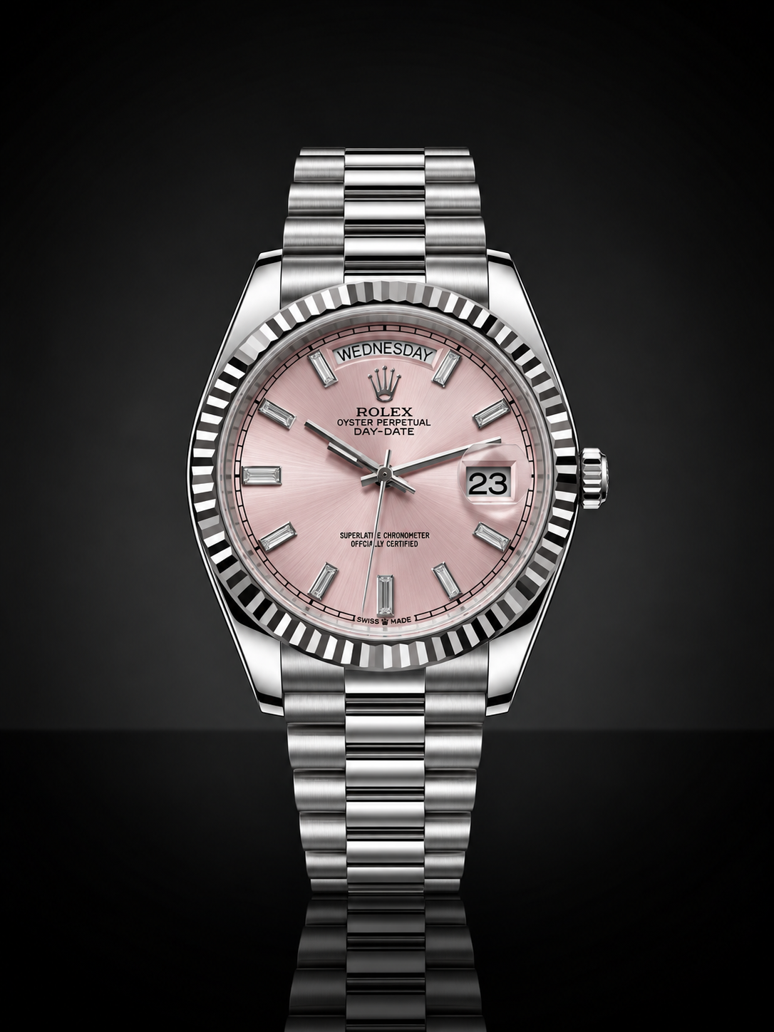 Rolex Day-Date, Automatic, Pink Dial, Fluted Bezel, Steel Case (36mm)