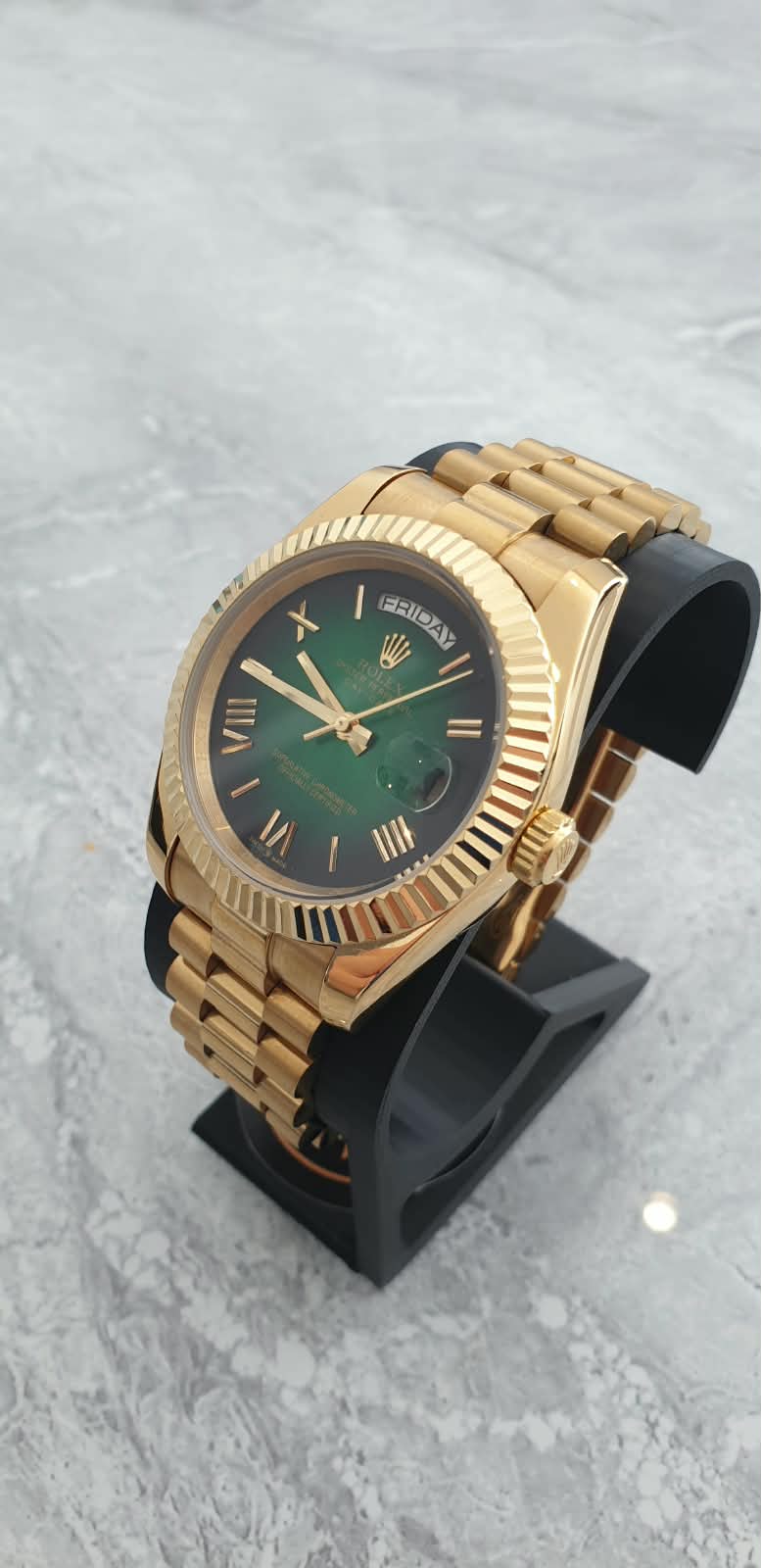 Rolex Day-Date, Automatic, Ombré Green Dial, Fluted Bezel, Steel Case (41mm)