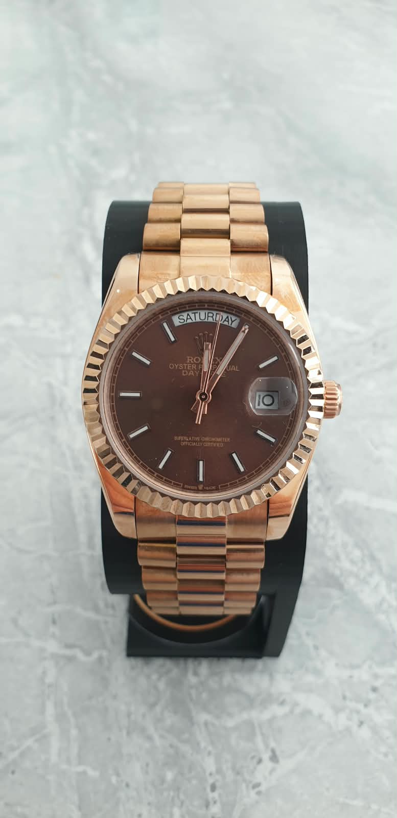 Rolex Day-Date, Automatic, Brown Dial, Fluted Bezel, Steel Case (36mm)