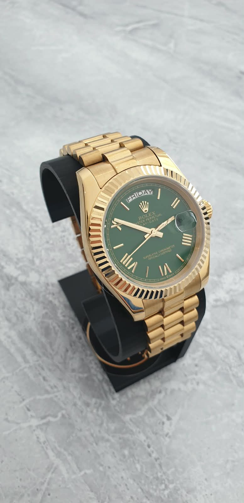 Rolex Day-Date, Automatic, Green Dial, Fluted Bezel, Steel Case (41mm)