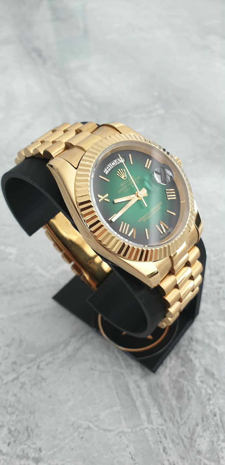 Rolex Day-Date, Automatic, Ombré Green Dial, Fluted Bezel, Steel Case (41mm)