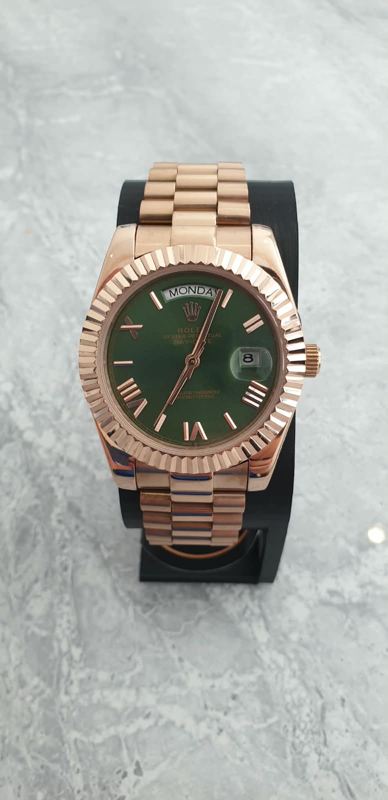 Rolex Day-Date, Automatic, Green Dial, Fluted Bezel, Steel Case (41mm)