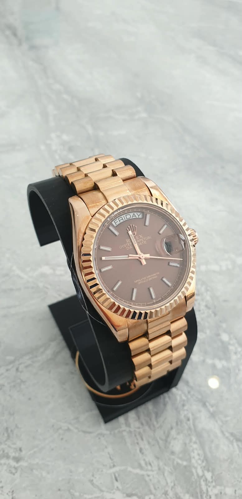 Rolex Day-Date, Automatic, Brown Dial, Fluted Bezel, Steel Case (36mm)